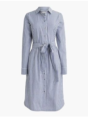 J. Crew Blue and White Striped Tie-Waist Shirt Dress